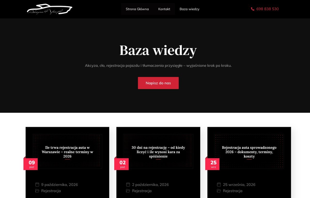 Strona Akcyza4You z zakładką Baza wiedzy