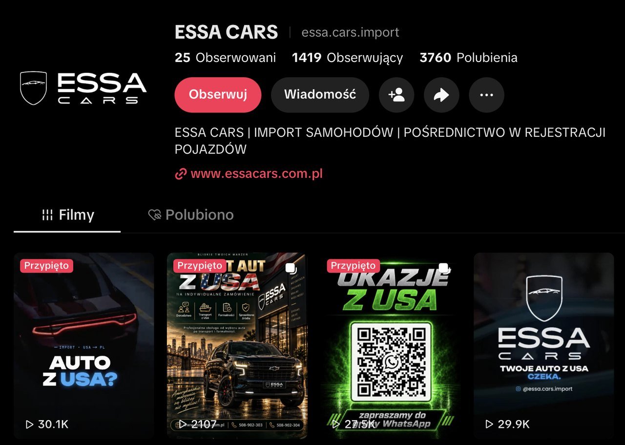Profil TikTok Essa Cars z filmami, które zrobiliśmy
